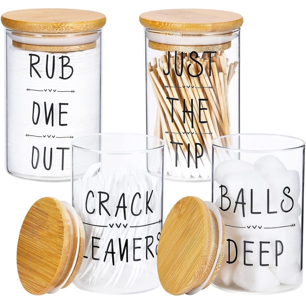4 Pack Qtip Holder, Glass Dispenser with Bamboo Lids  Organization NWT
